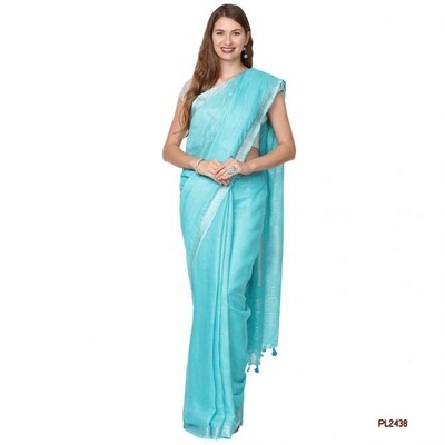 Blue shade handwoven Linen Saree with contrast border Blue shade handwoven Linen Saree with contrast border
