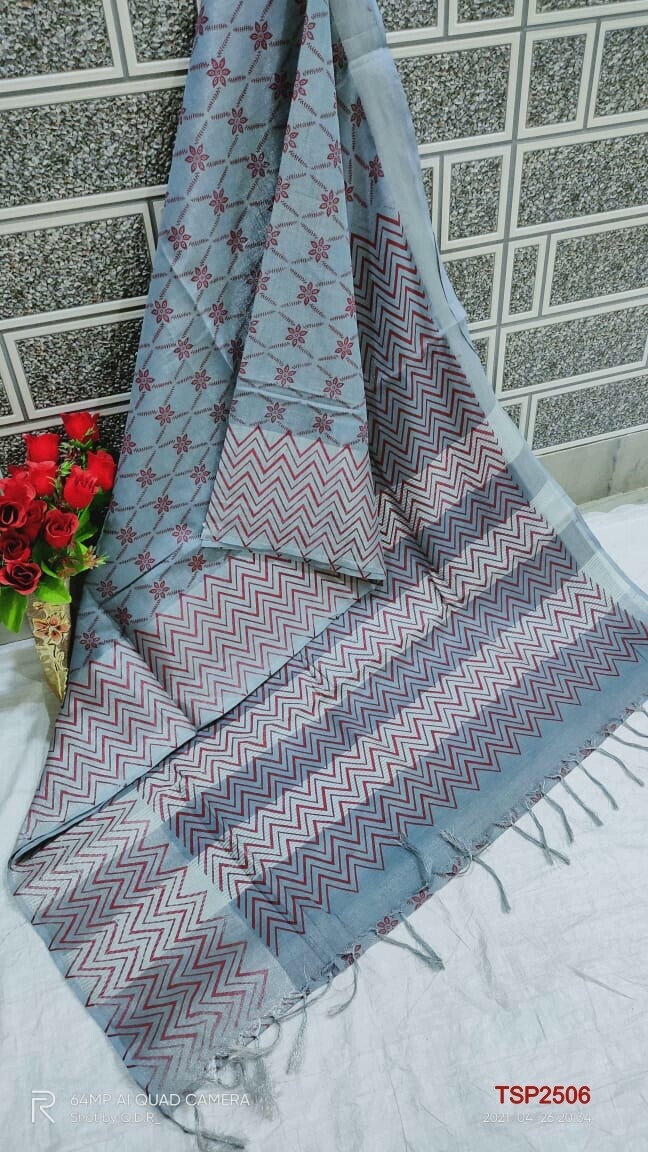 Tissue by Slub soft jari border saree with beautiful new floral screen prints