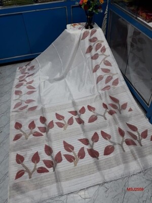 Mutka Silk Jamdani saree with all over hand crafted leaf sequence work Mutka Silk Jamdani saree with all over hand crafted leaf sequence work