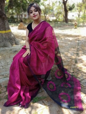 Silk by linen saree with hand woven jamdani work Silk by linen saree with hand woven jamdani work