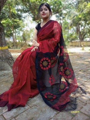 Silk by linen saree with hand woven jamdani work Silk by linen saree with hand woven jamdani work