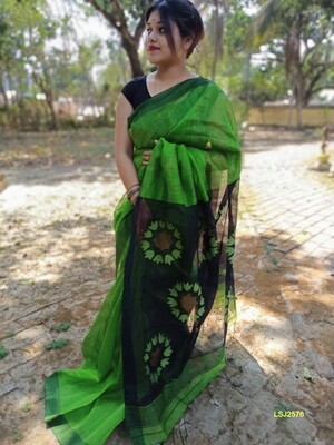Silk by linen saree with hand woven jamdani work Silk by linen saree with hand woven jamdani work