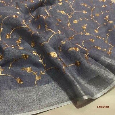 Beautiful Zari border linen saree with new embroidery design Beautiful Zari border linen saree with new embroidery design