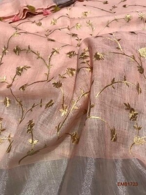 Beautiful Zari border linen saree with new embroidery design Beautiful Zari border linen saree with new embroidery design