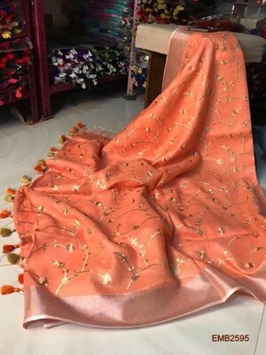 Beautiful Zari border linen saree with new embroidery design Beautiful Zari border linen saree with new embroidery design