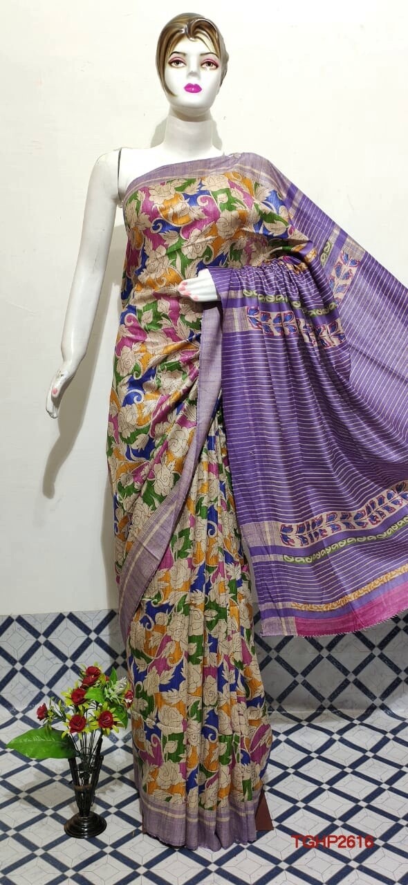 Tusser Ghiccha Silk saree with new hand block prints