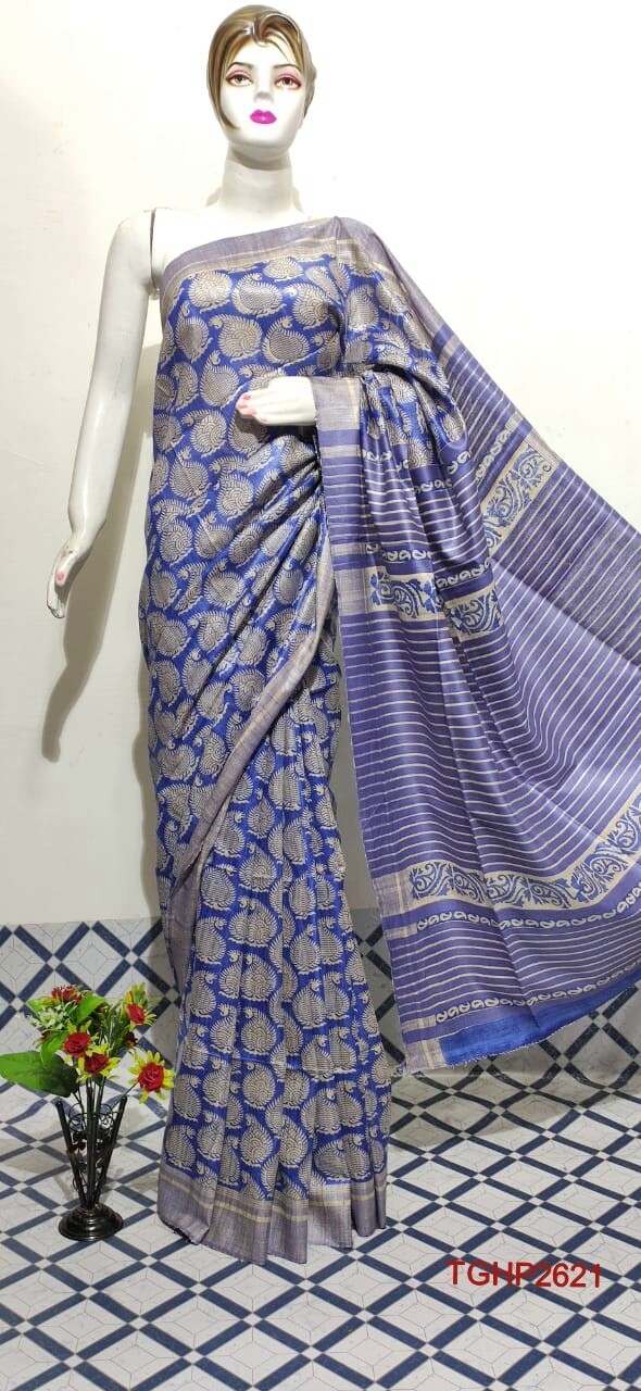 Tusser Ghiccha Silk saree with new hand block prints