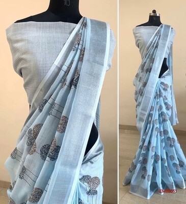Linen zari border saree with embroidery Linen zari border saree with embroidery