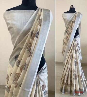 Linen zari border saree with embroidery Linen zari border saree with embroidery