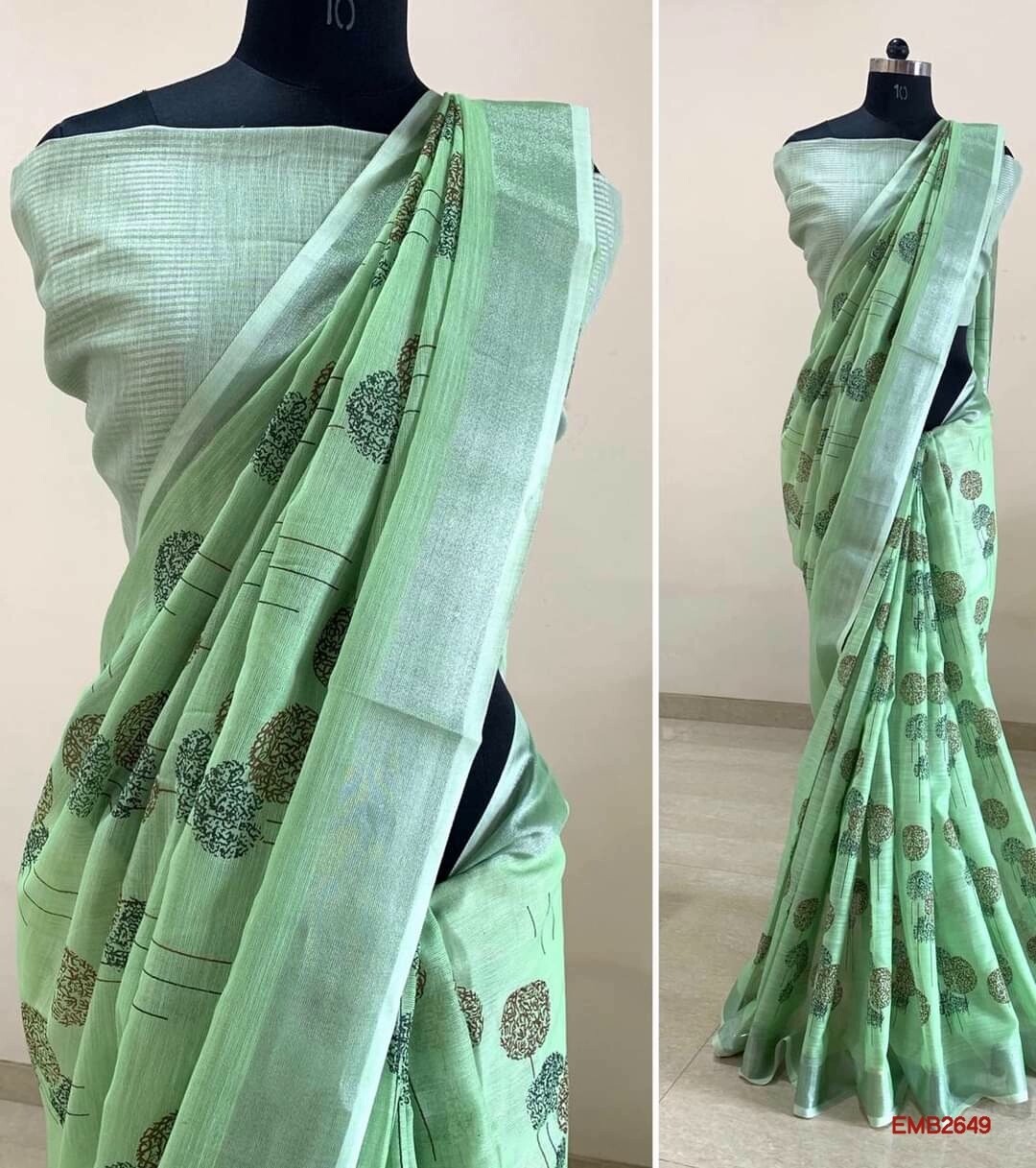 Linen zari border saree with embroidery