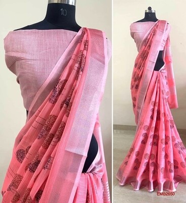 Linen zari border saree with embroidery Linen zari border saree with embroidery