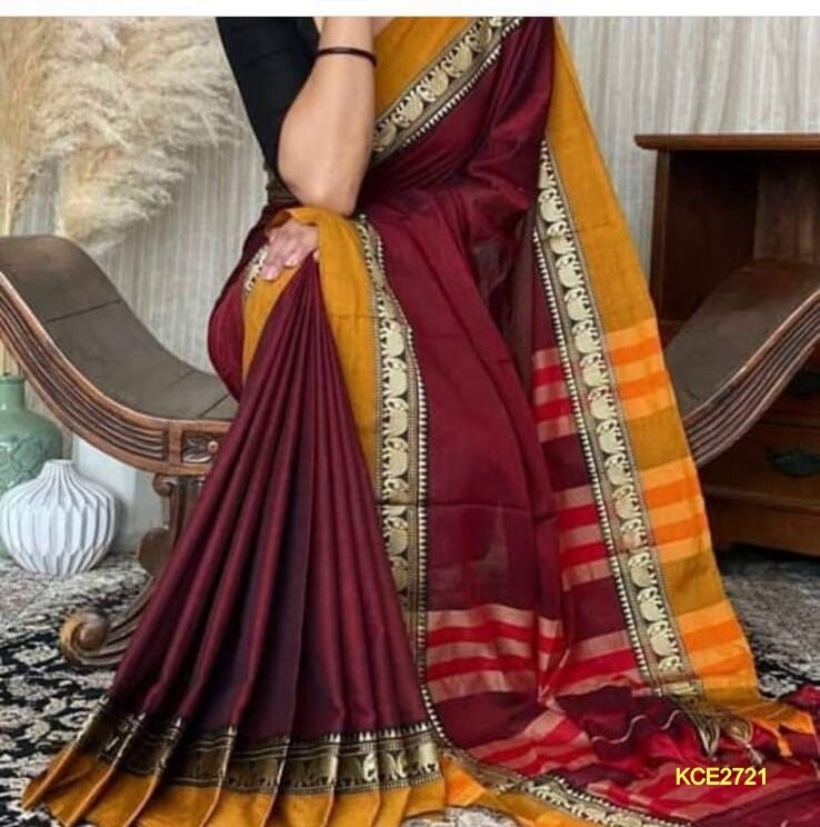 Elegant khadi cotton saree with elephant motif work