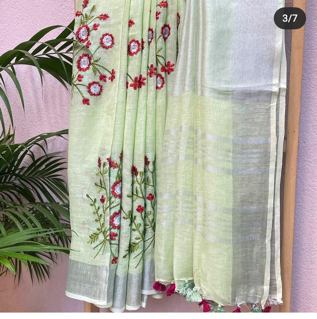 Linen by linen Jari border saree in new floral embroidery