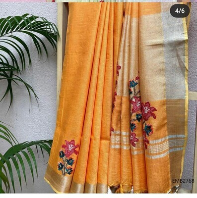 Linen by linen Jari border saree in new floral embroidery