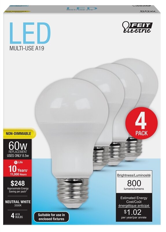 FEIT LED A19 BULB 4 PACK 3500K