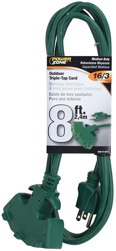 CORD EXTEN 3-TAP 8' 16/3 GREEN