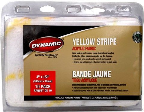 Dynamic 4" Yellow Stripe Trim Roller Refill 12mm (1/2") Nap 10 Pack