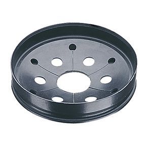 Round grey sound baffle from Insinkerator with circular holes for muffling sounds. 