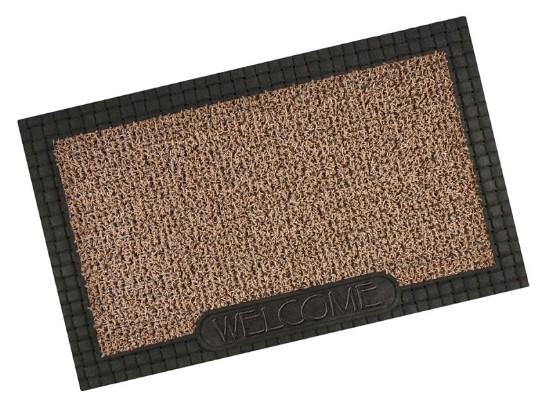 Door mat that says welcome on the bottom, made by jute fibers.