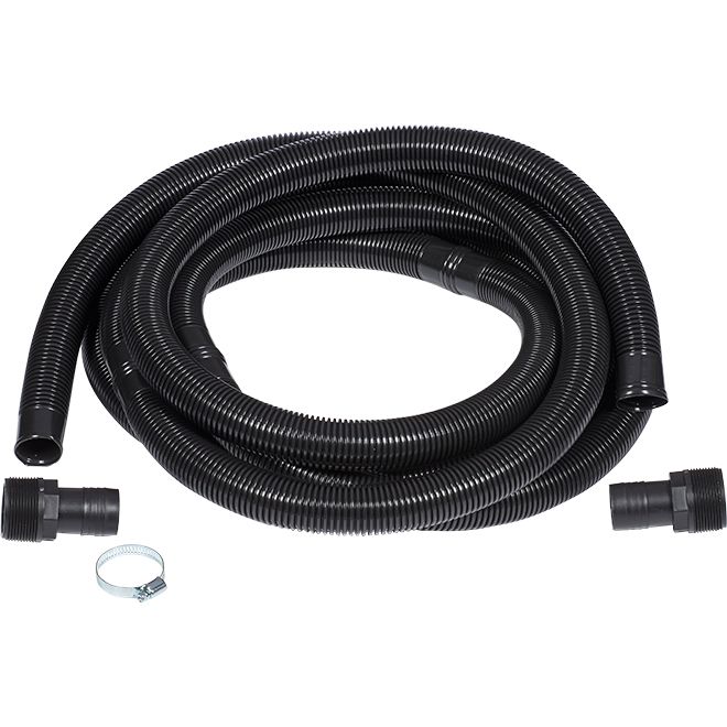 A 20 inch black sump pump hose with two 1 1/4 inch fittings.