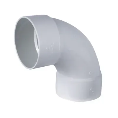 White corner pipe elbow at a 90 degree angle designed to sharply change the direction of flowing water. 
