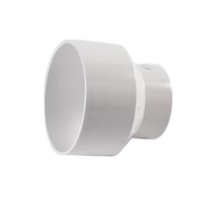 6 by 4 inch PVC reducing coupling for joining pipe sizes.