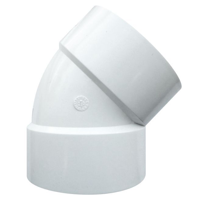 3 inch PVC 45 degree elbow, for drain and vent piping.