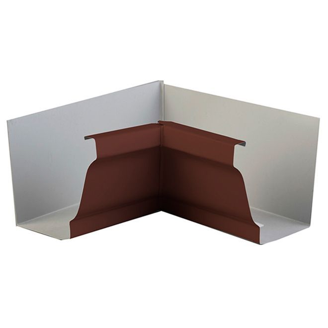 5 Inch brown gutter inside corner fitting for turning corners on a gutter run.