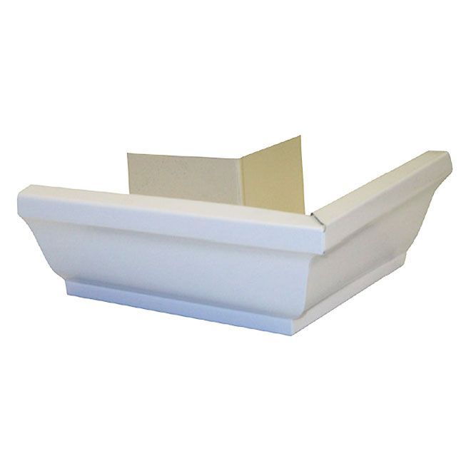 4 inch white outside corner fitting for gutter systems.