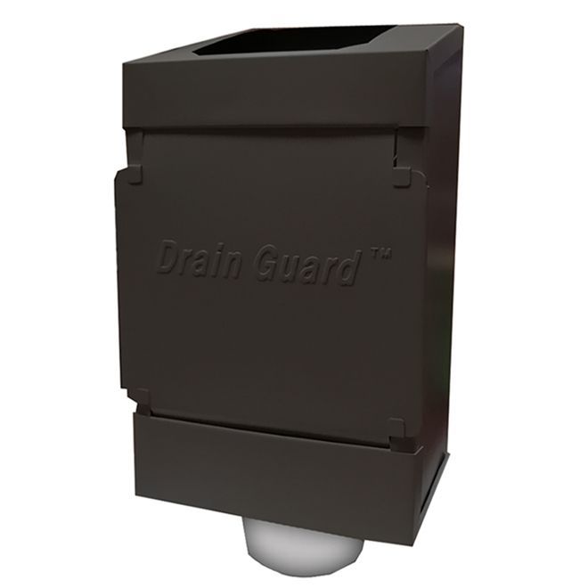 2 Inch by 3 inch black drain guard for gutter cleanout openings.