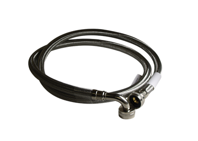 72 72 Inch braided stainless steel washing machine supply line with a 90 degree elbow fitting.