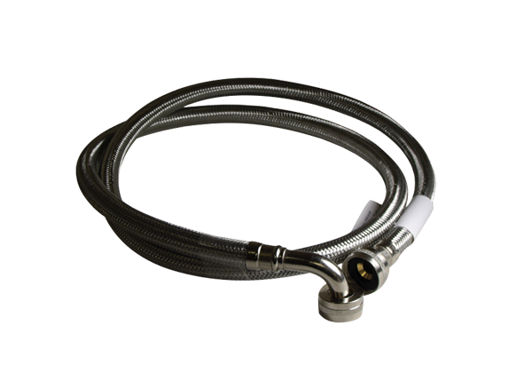 72 Inch braided stainless steel washing machine supply line with a 90 degree elbow fitting.