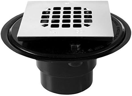 2 2 inch ABS shower drain with a square stainless steel clamp grate, for shower installations.