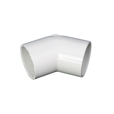 1-1/2 1-1/2 Inch PVC 45 degree elbow fitting for drain plumbing.