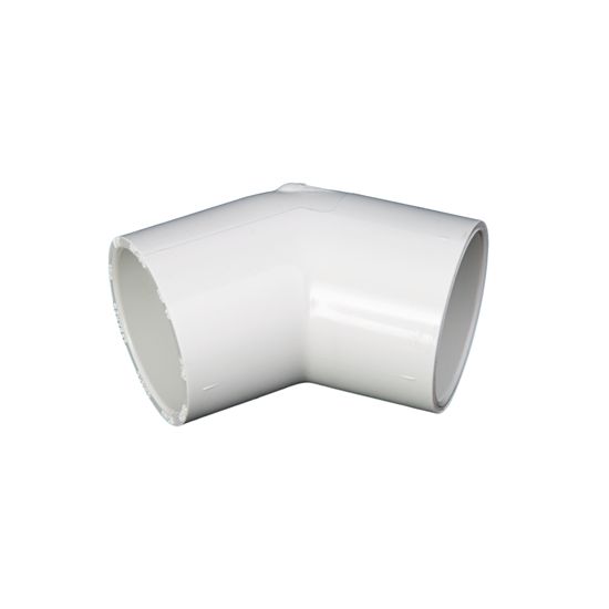 1-1/2 Inch PVC 45 degree elbow fitting for drain plumbing.