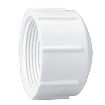 1-1/2 1-1/2 Inch PVC threaded cap fitting for plumbing pipe.