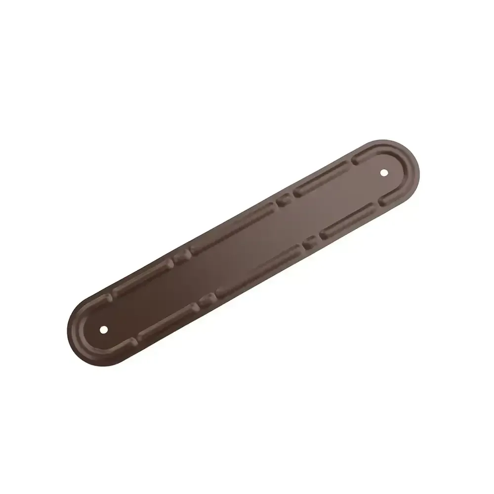2 inch brown downspout strap, 10 inches long, for securing downspouts to walls.