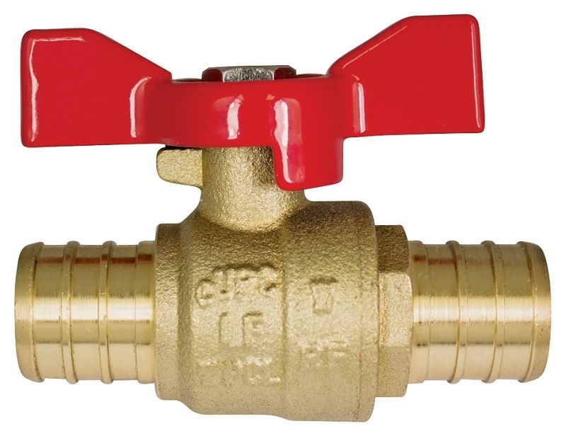 3/4 3/4 inch Pex ball valve with short handle for tight spaces.