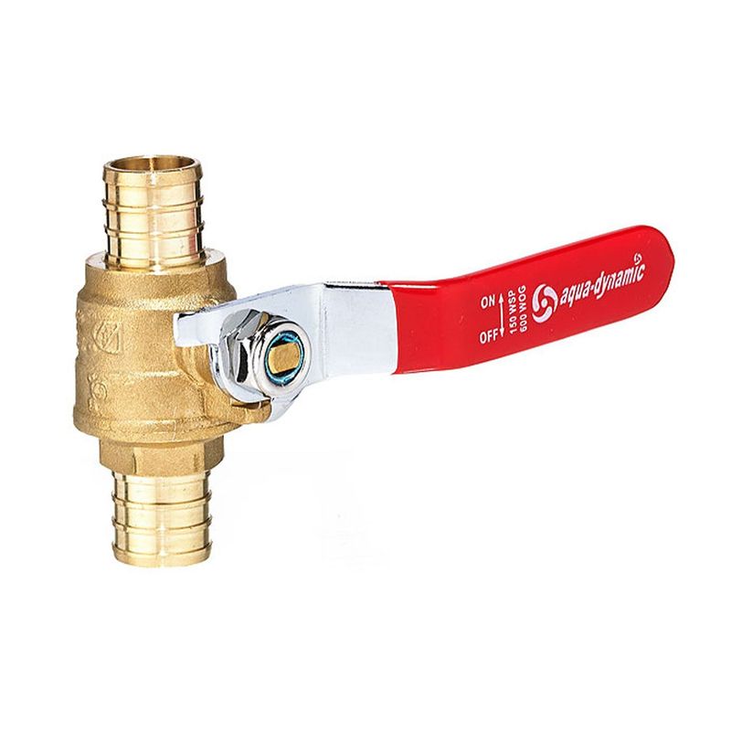 3/4 3/4 inch red Pex ball valve for controlling hot water lines.