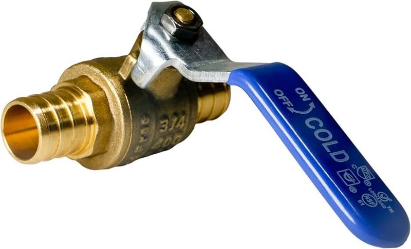 3/4 3/4 inch blue Pex ball valve for shutting off cold water lines.