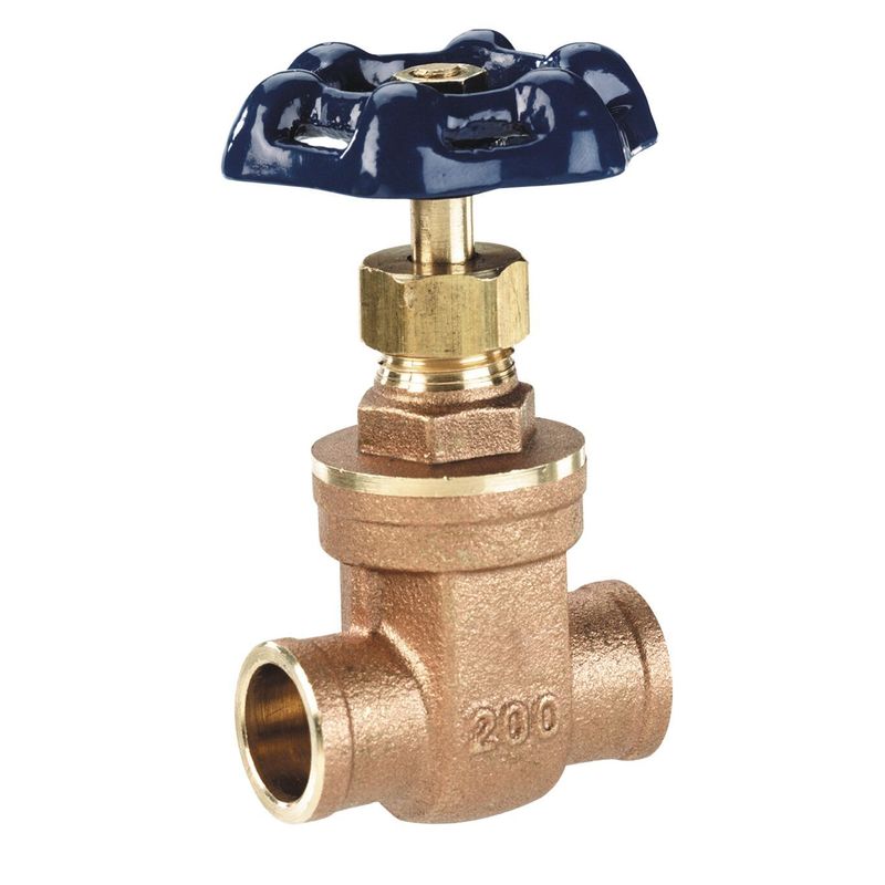 3/4 3/4 inch copper gate valve for controlling flow on copper plumbing lines.