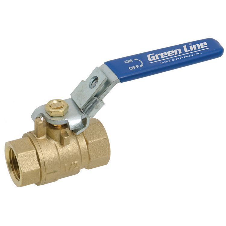 3/4 3/4 Inch gas ball valve with locking handle for controlling gas line flow.