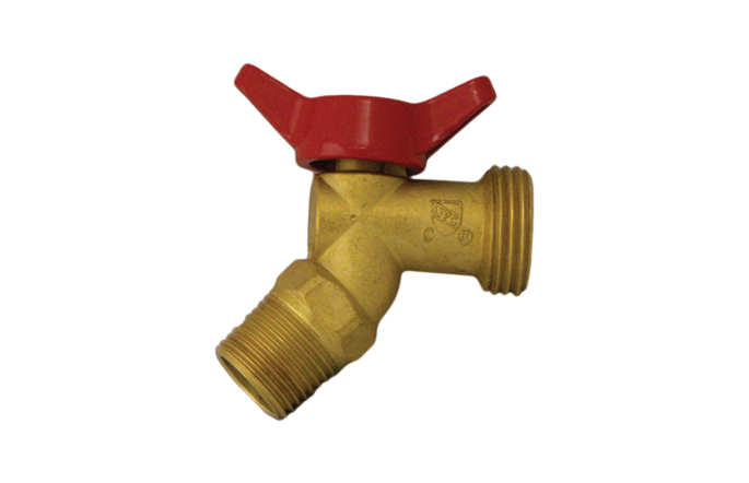 1/2 inch MIP hose bibb with blue quarter turn handle.