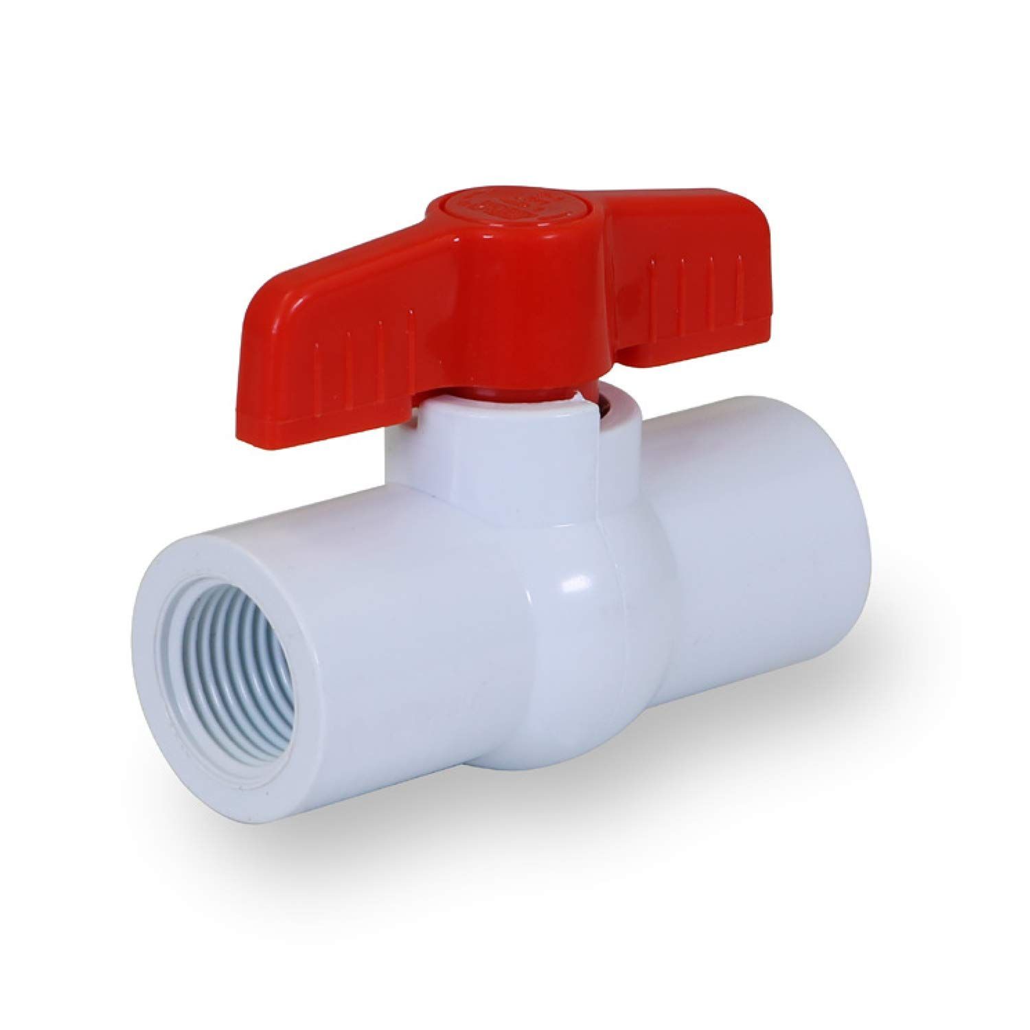 1-1/2 Inch PVC ball valve with female threaded connections.