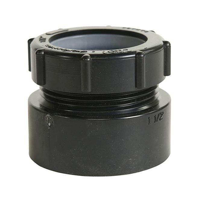 1-1/2 Inch ABS trap adapter hub fitting for drain plumbing.