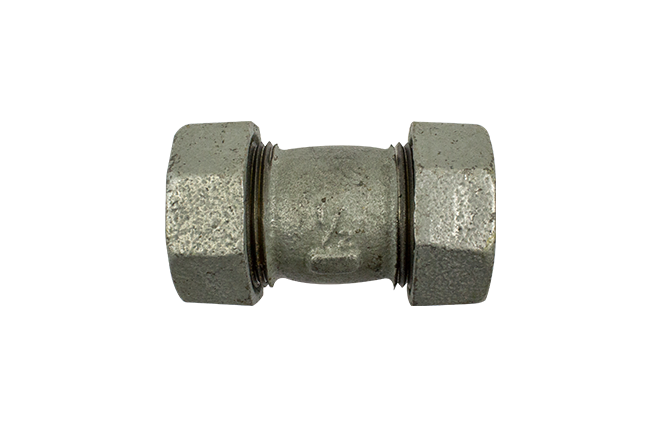 3/4 inch Mueller short galvanized coupling for joining pipe sections.