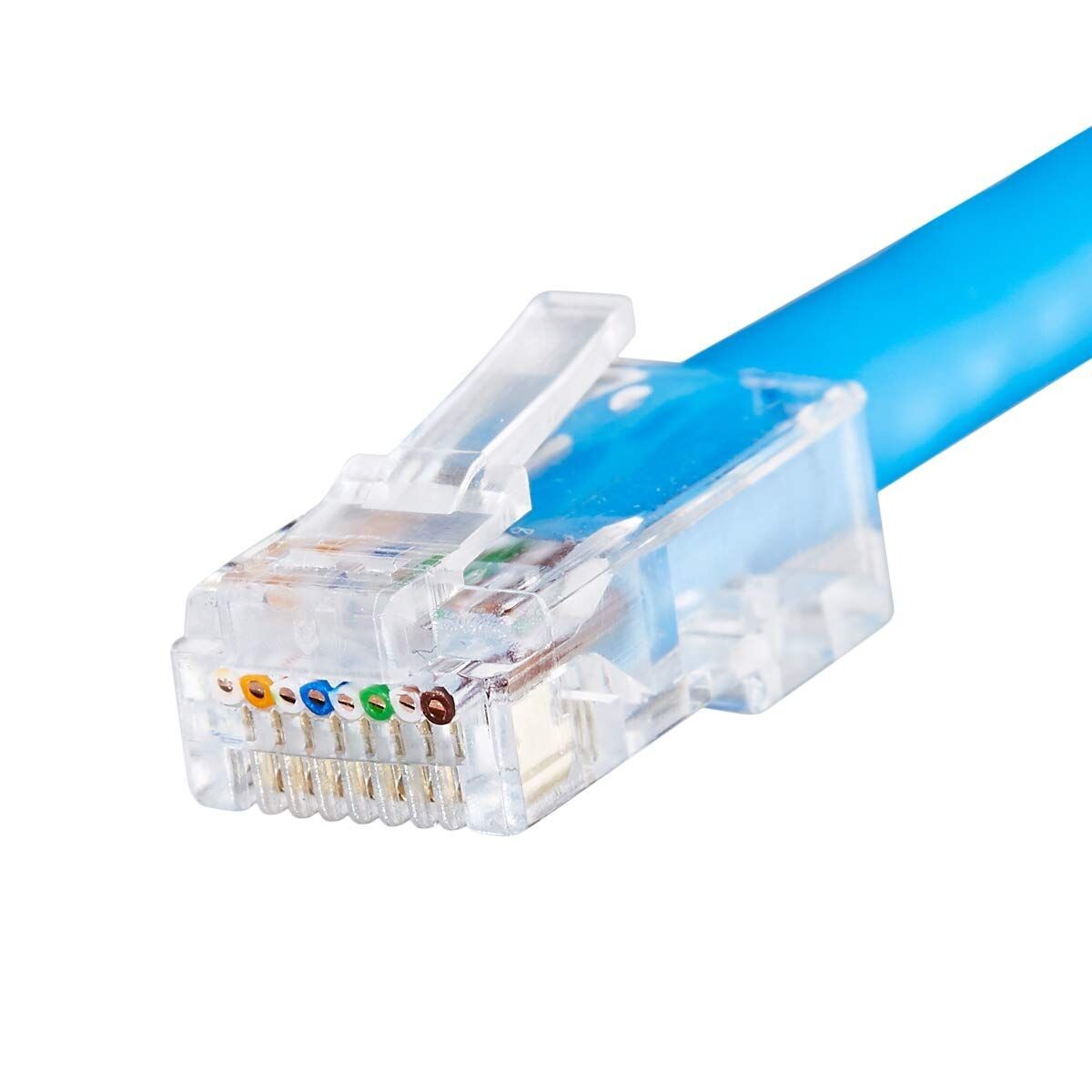 Cat 5E crimp on RJ45 plug for network cable termination.