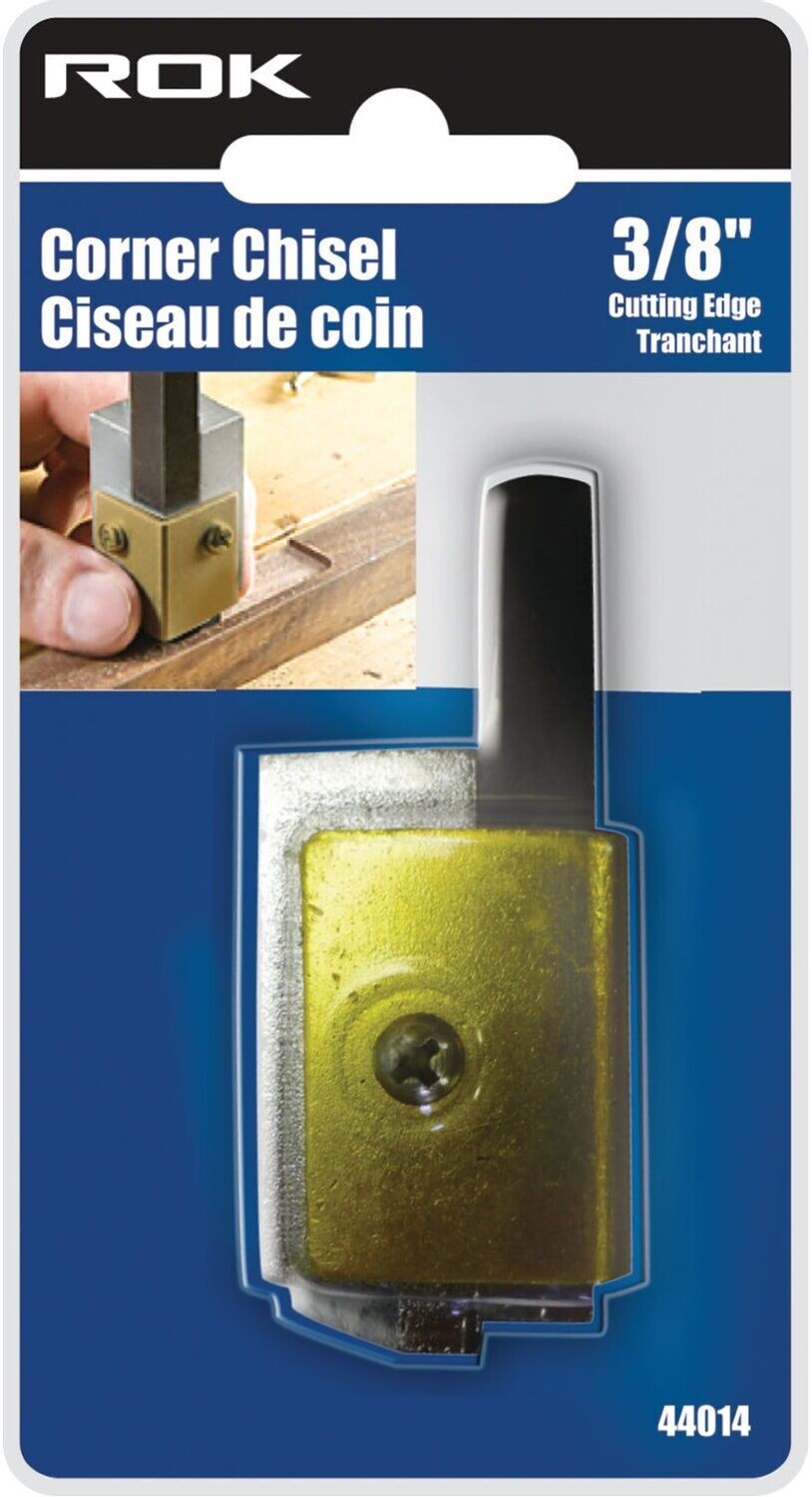 Corner chisel with a 3/8 inch cutting edge for squaring hinge mortises.
