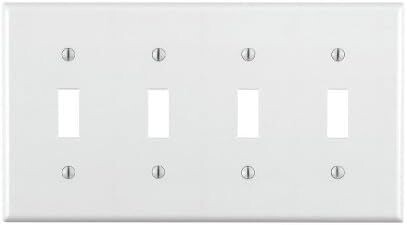 White 4 gang toggle wall plate for covering four switches.