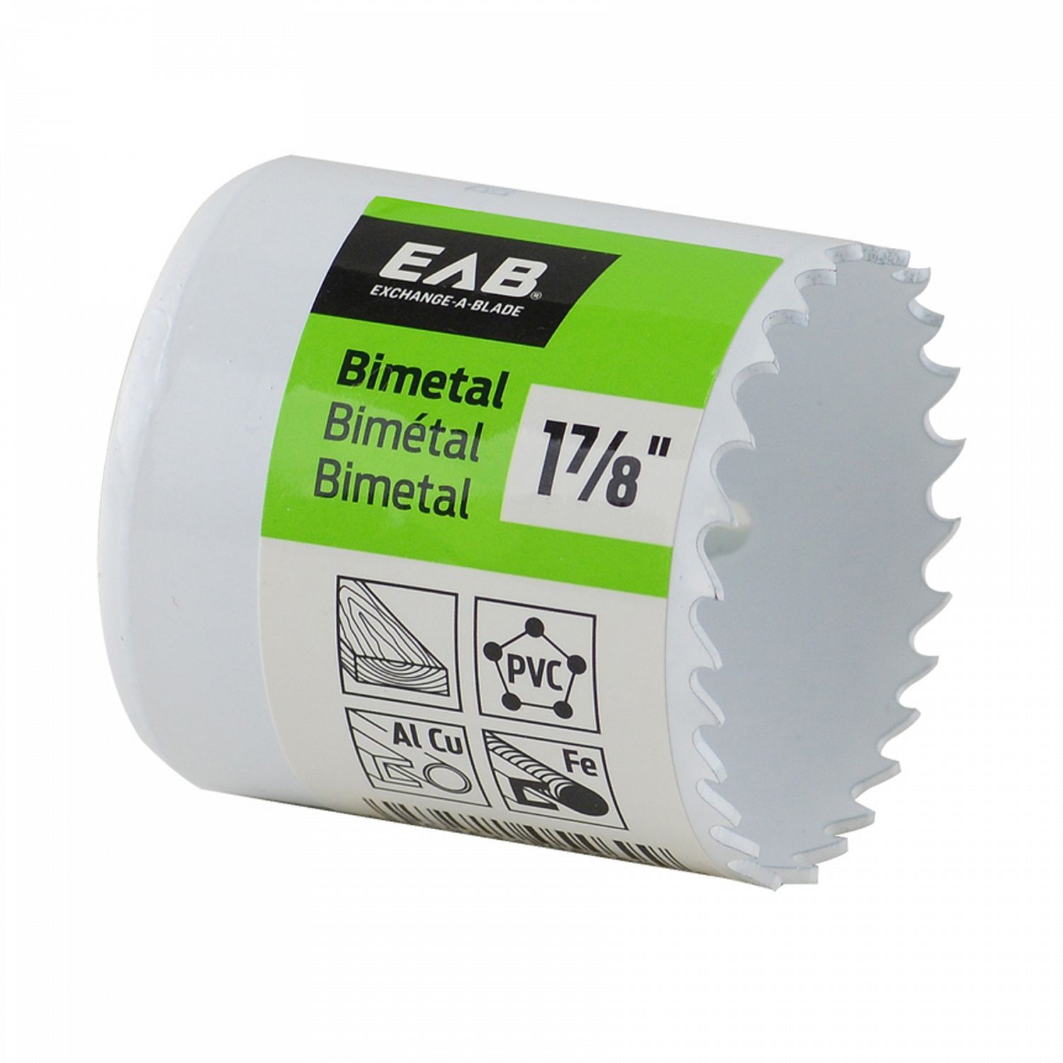 EAB 1 7/8 inch bi-metal hole saw for cutting wood, metal, and plastic.